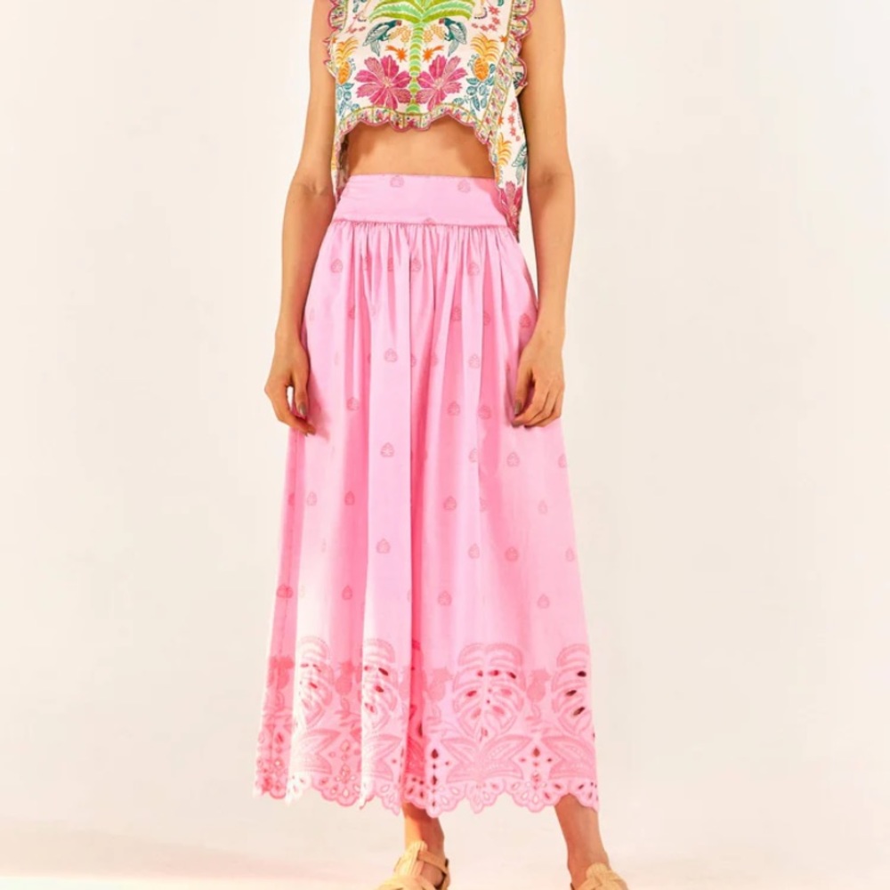 Farm Rio Eyelet Richelieu Maxi Skirt Neon Pink